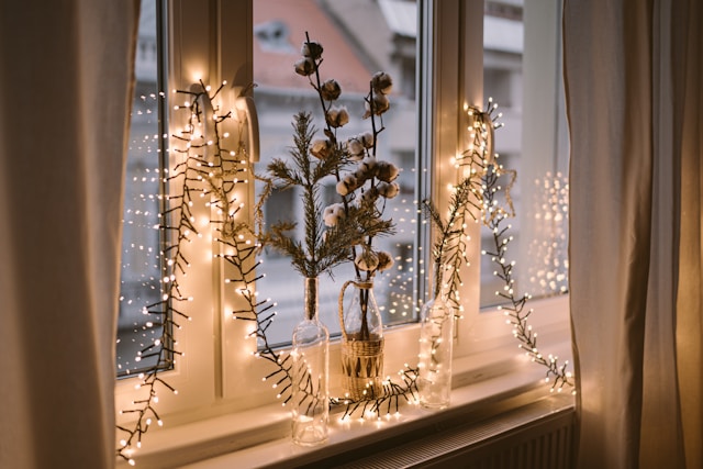 lights hung near a window during holidays